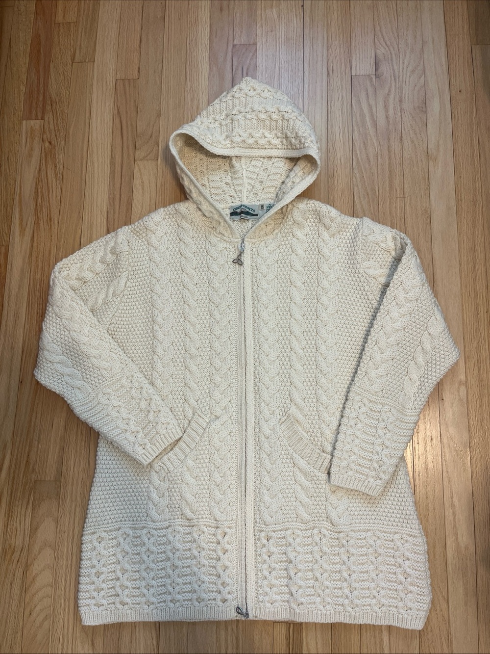Aran Crafts Hooded Zip Up Sweater 2XL Cream 100% Merino Wool Cable Knit Jacket